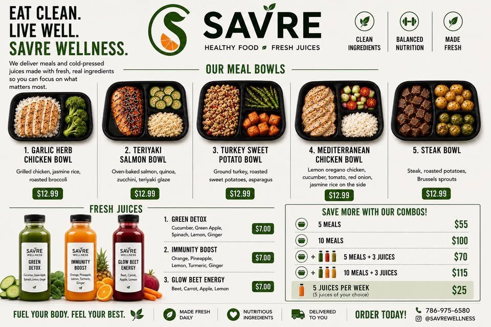 SAVRE full menu - meal bowls, fresh juices, and combo pricing